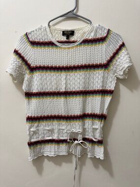 Juicy Couture White Open-Knit Short Sleeve Top with Rainbow Stripes
